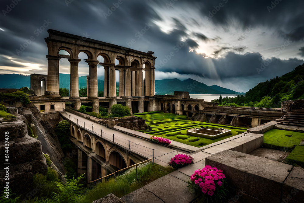 Fototapeta premium A poignant aftermath of a nuclear bomb detonation, with nature slowly reclaiming the ruins