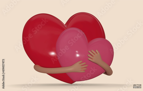 3D hands hugging a red heart with love. Cartoon Hand embracing heart is isolated on background. love yourself. 2 hearts romantic relationship. Hugging heart. 3D vector illustration.