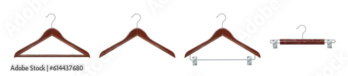 Set of wooden clothes hangers mahogany clothes hanger. Realistic vector clothes hanger wooden hanger closeup isolated on background. Design template, clipart or layout for graphics. Vector