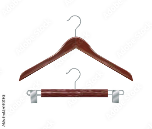 Set of wooden clothes hangers mahogany clothes hanger. Realistic vector clothes hanger wooden hanger closeup isolated on background. Design template, clipart or layout for graphics. Vector