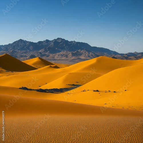 A desolate desert landscape with sand dunes and a distant mountain range.