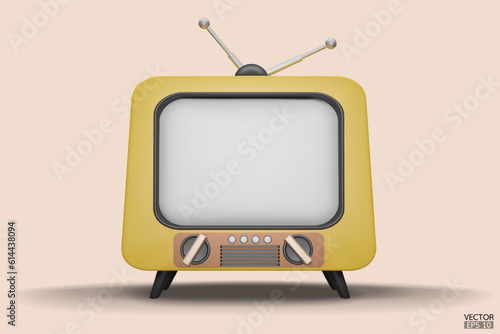 3D render yellow Vintage Television Cartoon style isolate on background. Minimal Retro TV. Yellow analog TV.  Old TV set with antenna. 3d vector illustration.