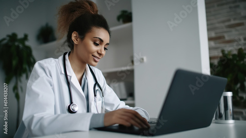 Female doctor in uniform and stethoscope working on laptop in modern hospital