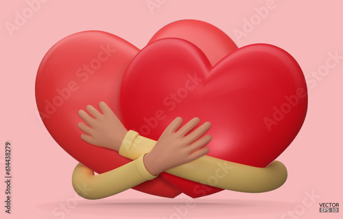 Two hearts with Hand embracing. Cartoon hearts embrace minimalism design. Hands hugging two hearts with love, romance, friendship. Valentine's day, Love yourself. 3D vector illustration.