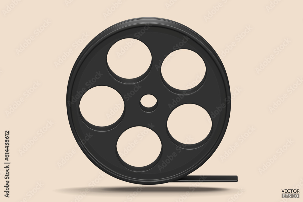 Black Film icon isolated on beige background. Video camera tape 3D sign symbols logo. Reel Camera Negative Film. 3d render movie,cinema, entertainment concept. 3D Vector Illustration.