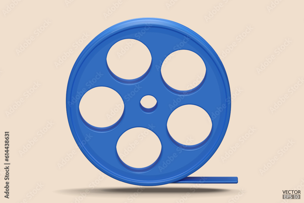 Blue Film icon isolated on beige background. Video camera tape 3D sign symbols logo. Reel Camera Negative Film. 3d render movie,cinema, entertainment concept. 3D Vector Illustration.