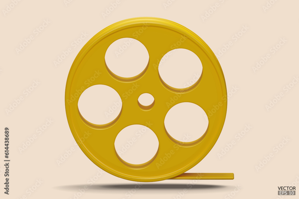 Yellow Film icon isolated on beige background. Video camera tape 3D sign symbols logo. Reel Camera Negative Film. 3d render movie,cinema, entertainment concept. 3D Vector Illustration.