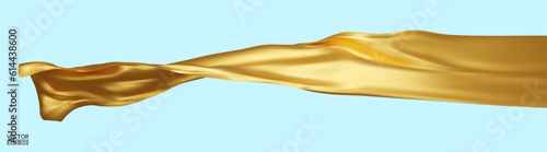 Flying gold silk textile fabric flag background. Smooth elegant golden Satin Isolated on blue Background for grand opening ceremony. Gold curtain. 3d vector illustration.