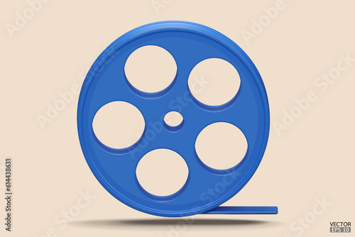 Blue Film icon isolated on beige background. Video camera tape 3D sign symbols logo. Reel Camera Negative Film. 3d render movie,cinema, entertainment concept. 3D Vector Illustration.