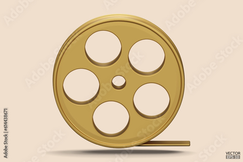Gold Film icon isolated on beige background. Video camera tape 3D sign symbols logo. Reel Camera Negative Film. 3d render movie,cinema, entertainment concept. 3D Vector Illustration.