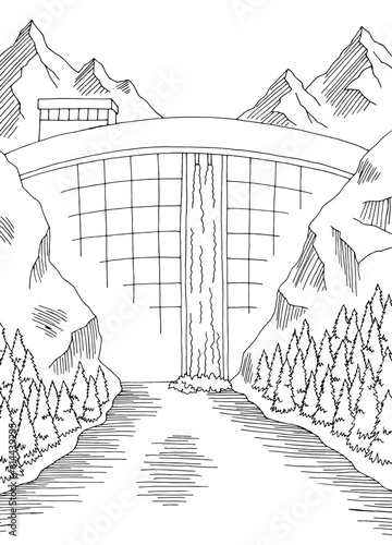 Dam hydropower river graphic black white vertical landscape sketch illustration vector 