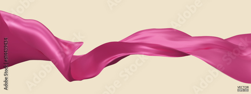Flying light pink silk textile fabric flag background. Smooth elegant pink Satin Isolated on beige Background for grand opening ceremony. Pink curtain. 3d vector illustration.