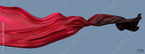 Flying gradient red to black silk textile fabric flag isolated on blue background. Smooth elegant Colorful gradient Satin for grand opening ceremony. 3d vector illustration.