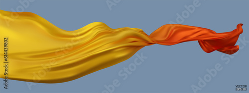 Flying gradient yellow to orange silk textile fabric flag isolated on blue background. Smooth elegant Colorful gradient Satin for grand opening ceremony. 3d vector illustration.