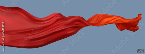 Flying gradient red to orange silk textile fabric flag isolated on blue background. Smooth elegant Colorful gradient Satin for grand opening ceremony. 3d vector illustration.