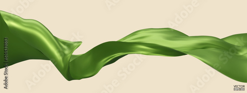 Flying green silk textile fabric flag background. Smooth elegant green Satin Isolated on beige Background for grand opening ceremony. Green curtain. 3d vector illustration