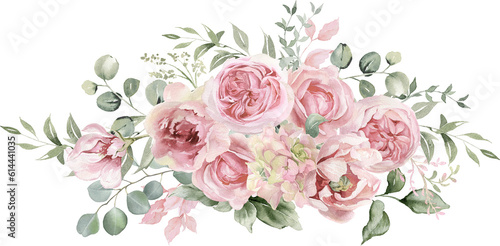 Watercolor floral illustration. Pink flowers and eucalyptus greenery bouquet.  Dusty roses, soft light blush peony - border, wreath, frame. Perfect wedding stationary, greetings,  fashion, background © Nataliya Kunitsyna