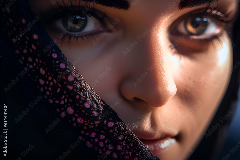 Φωτογραφία Beautiful eyes of Arab woman in black lace hijab, Generative AI 3