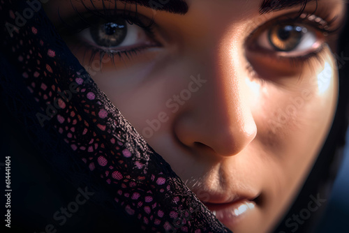 Beautiful eyes of Arab woman in black lace hijab, Generative AI 3