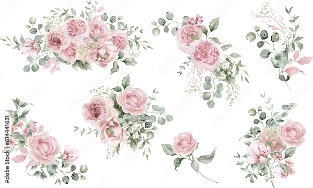 Watercolor floral illustration. Pink flowers and eucalyptus greenery bouquet.  Dusty roses, soft light blush peony - border, wreath, frame. Perfect wedding stationary, greetings,  fashion, background