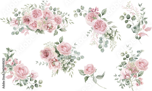 Watercolor floral illustration. Pink flowers and eucalyptus greenery bouquet. Dusty roses, soft light blush peony - border, wreath, frame. Perfect wedding stationary, greetings, fashion, background © Nataliya Kunitsyna