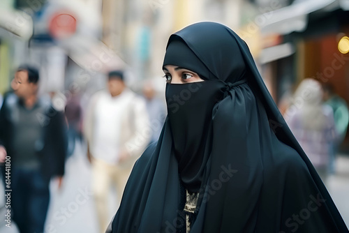 Muslim woman in black hijab on the street, Generative AI 2