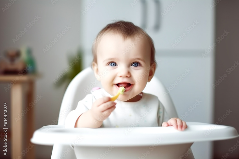 A happy child sits at a children's table in a child's chair and eats porridge from a cup with a spoon. Baby food concept. Generative AI A happy child sits at a children's table in a child's chair and eats porridge from a cup with a spoon. Baby food concept. Generative AI