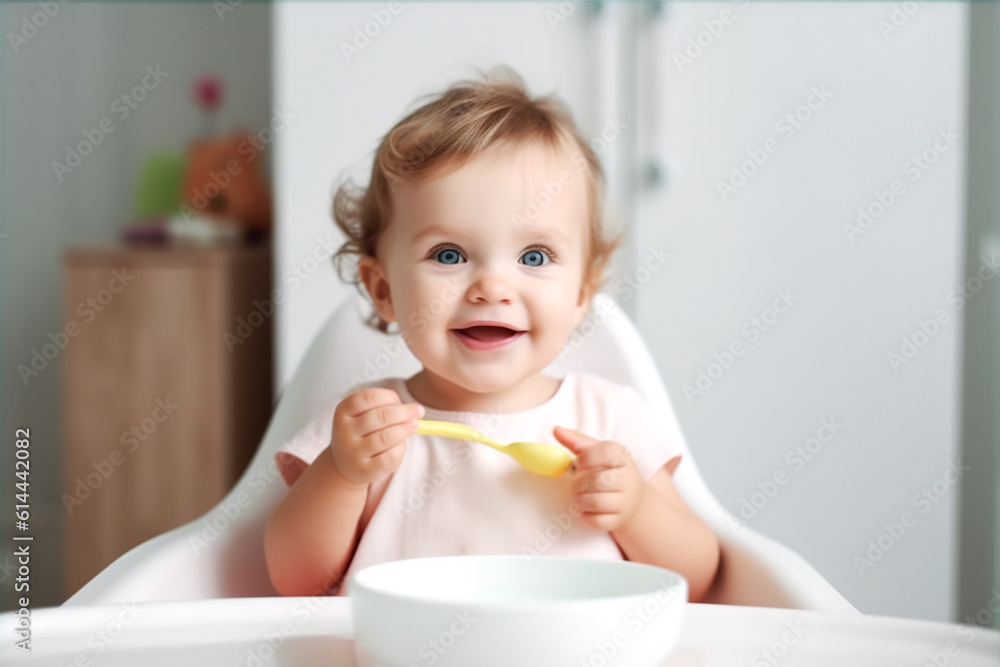 A happy child girl sits at a children's table, in a child seat and eats children's food with a spoon. Baby food concept. Generative AI A happy child girl sits at a children's table, in a child seat and eats children's food with a spoon. Baby food concept. Generative AI