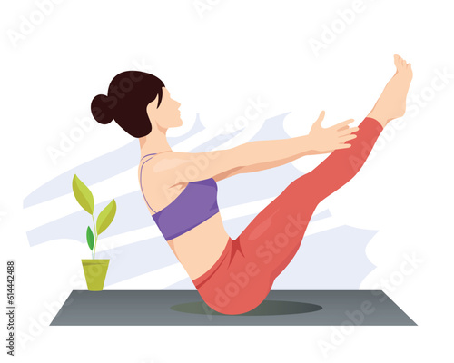 Boat Pose, Naukasana, Navasana. woman practicing Paripurna Navasana yoga exercise.