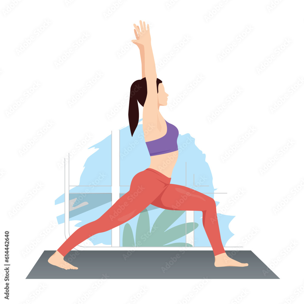 Young woman practicing Virabhadrasana, Warrior Pose yoga exercise.