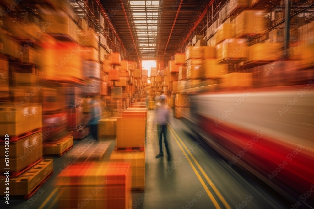 Blurred image of warehouse employees in action moving Generative AI