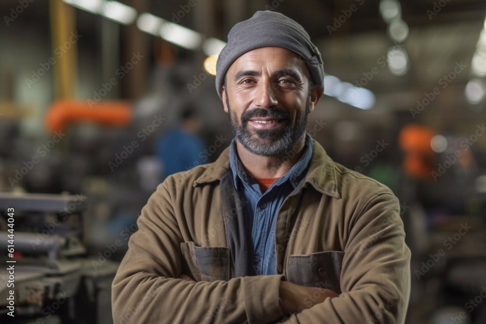 Portrait of construction worker in uniform is in the factory. Generative AI Portrait of construction worker in uniform is in the factory. Generative AI