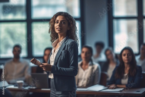 Wallpaper Mural Corporate Meeting Room Confident and Beautiful Female Executive Director Decisively Leans on the Conference Table and Delivers Report to a Board of Executives about Companys Generative AI Torontodigital.ca
