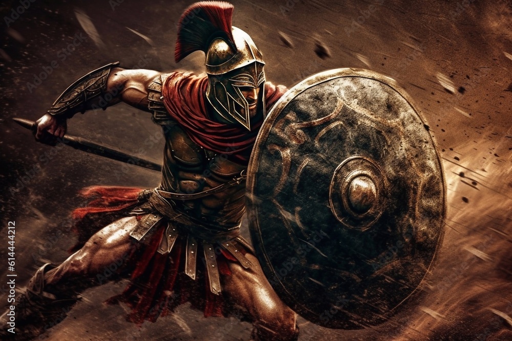 Ancient warrior or Gladiator posing outdoors with helmet Generative AI - obrazy, fototapety, plakaty 