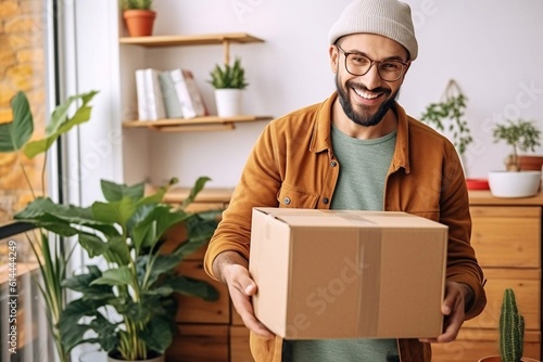 Head shot portrait smiling man holding cardboard box, giving or receiving parcel, sitting on couch at home, happy satisfied customer looking at camera, good delivery service andGenerative AI © Nataliia