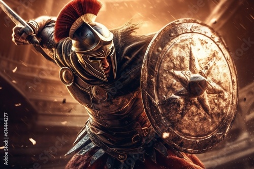 Leinwand Poster Ancient warrior or Gladiator posing outdoors with helmet Generative AI