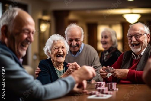 Retired multiethnic people playing cards together at home. Happy senior friends with african couple playing cards. Cheerful active seniors playing game at lunch table. Generative AI