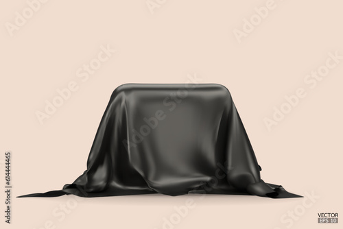 Podium covered with a piece of black silk isolated on beige background. Realistic box covered with dark cloth. Podium for product, cosmetic presentation. Creative mock up. 3d vector illustration.