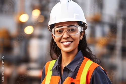 Close up portrait female industrial robotics engineer holding walkie talkie and tablet looking at camera. woman technician modern factory 4.0, Technical supervisor of the robot Generative AI
