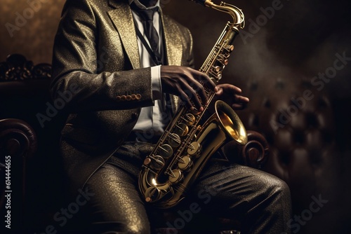 Saxophone player Saxophonist playing jazz music instrument Jazz musician playing sax alto Generative AI photo