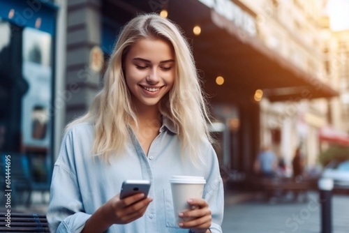 Portrait of beautiful young woman using her mobile phone in the street. Generative AI