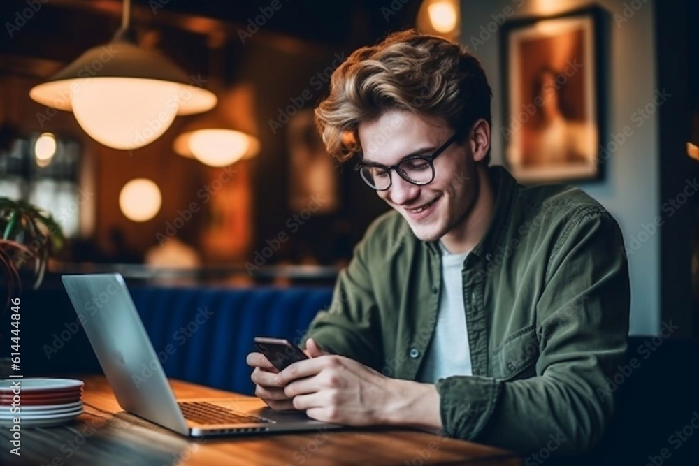 Young man works at a computer in the office. Freelancer working from a laptop. Business, education concept. Generative AI Young man works at a computer in the office. Freelancer working from a laptop. Business, education concept. Generative AI