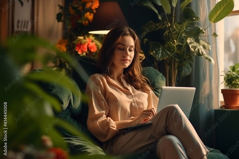 Beautiful Middle Eastern Manager Sitting at a Desk in Creative Office. Young Stylish Female with Curly Hair Using Laptop Computer in Marketing Agency. Colleagues Generative AI Beautiful Middle Eastern Manager Sitting at a Desk in Creative Office. Young Stylish Female with Curly Hair Using Laptop Computer in Marketing Agency. Colleagues Generative AI