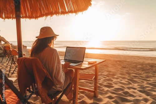 young woman working with a laptop on nature in summer beach Generative AI