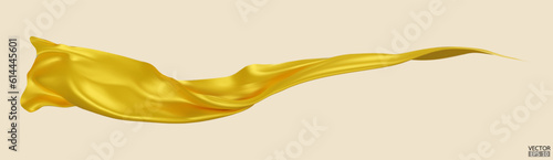 Flying yellow silk textile fabric flag background. Smooth elegant yellow Satin Isolated on beige Background for grand opening ceremony. Yellow curtain. 3d vector illustration