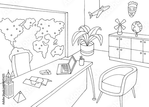 Travel agency office interior graphic black white sketch illustration vector 
