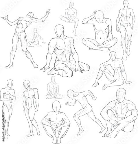 Set of sports male figures in motion and in different poses for business cards, books, booklets, illustrations, postcards, invitations