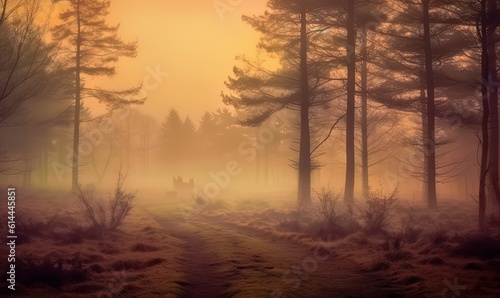  a foggy forest with a trail leading through the woods to a dog on a leash in the foreground and a yellow sky in the background. generative ai