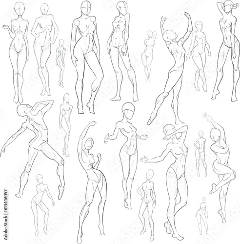 Set of female figures in motion and in different poses for business cards, books, booklets, illustrations, postcards, invitations