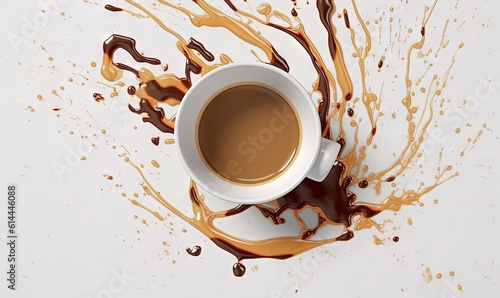  a cup of coffee with a saucer on a saucer on a white surface with a splash of chocolate on the top of it. generative ai